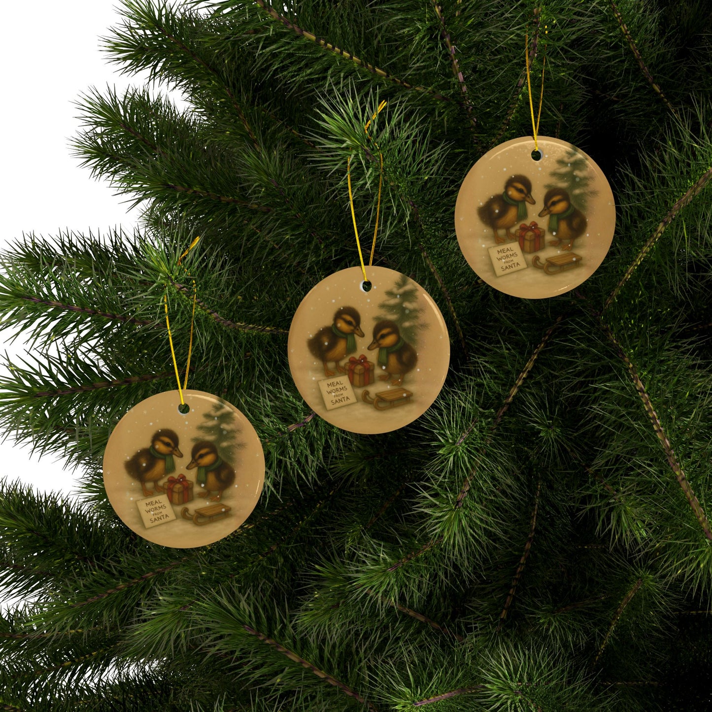 The Ducklings Christmas Morning - Ceramic Ornaments