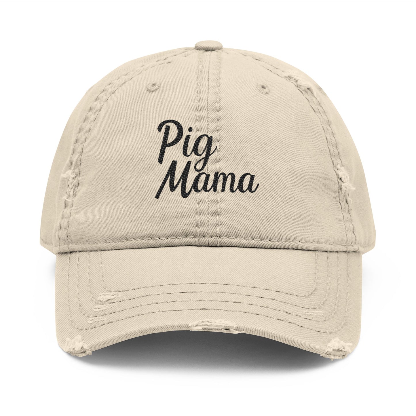 Pig Mama - Distressed Embroidered Cap - Khaki Only